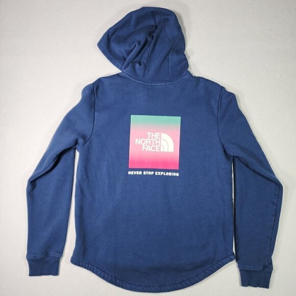North Face Teen Girl Graphic Hoodie XXL 18 Blue Pink Cotton Poly Pocket Pullover - Picture 2 of 16